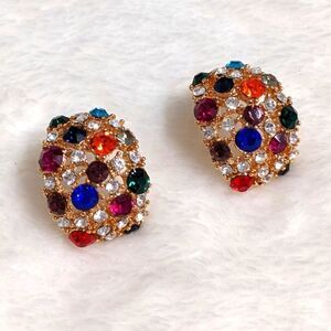 Vintage Multi Colored Rhinestone and Goldtone Half Hoop Pierced Earrings